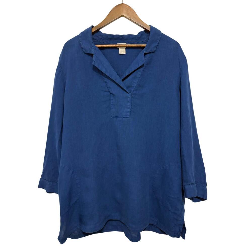 Chicos Womens Size 4 Blue 100% Linen Tunic Blouse Popover V Neck Long Sleeve ñ